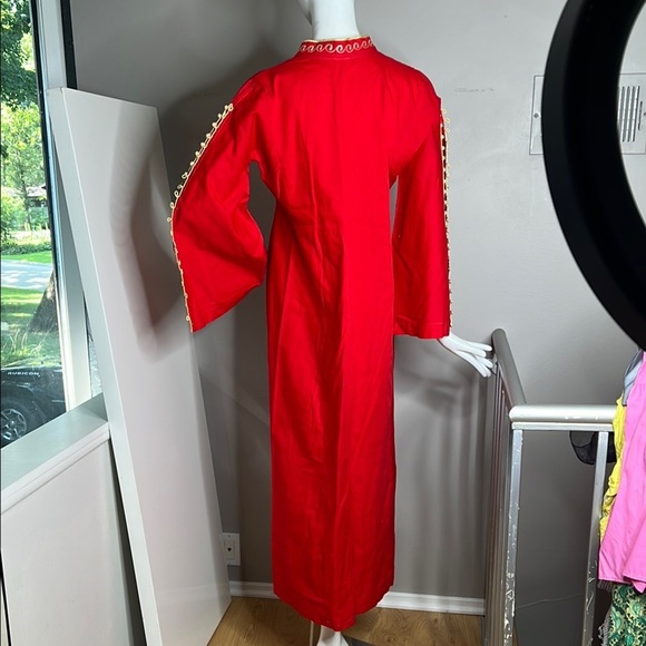 Dresses & Skirts - Long Sz M-L 100% Cotton Red Gold Thread Long Tunic Dress Side Pockets